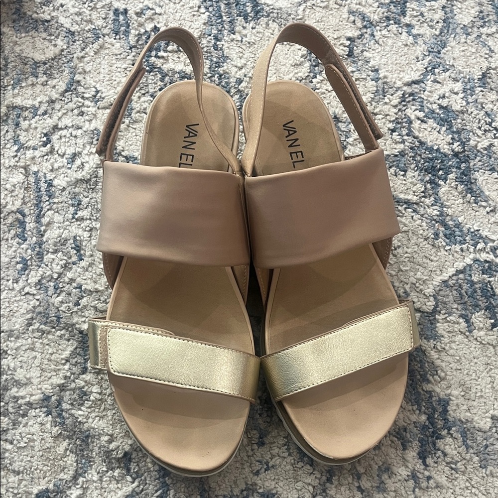 Vaneli Women's Beige Slingback Sandals with Gold Toe Strap